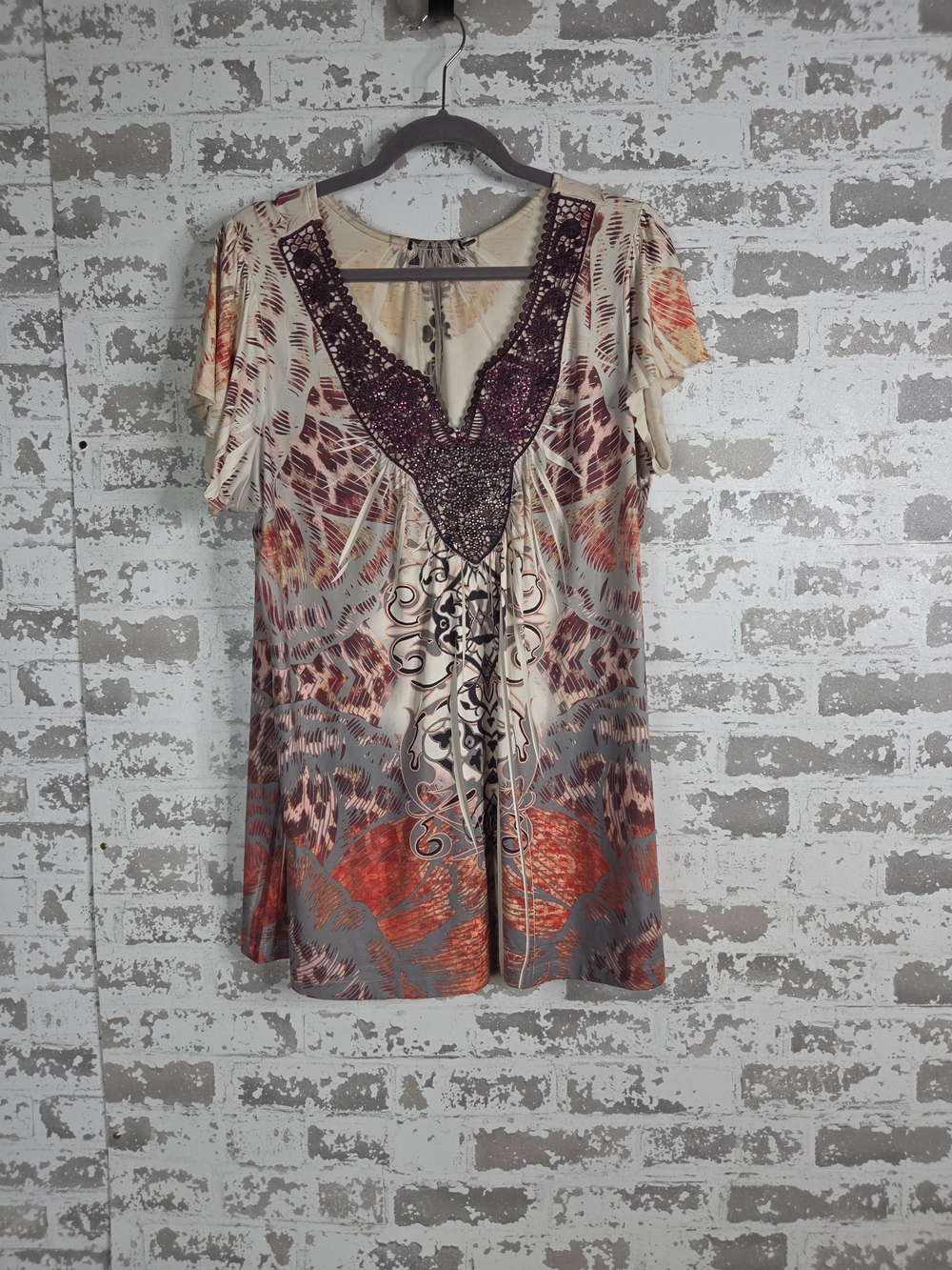 Boho Tunic Blouse Embellished V Neck Flutter Sleeve Top Size  2X